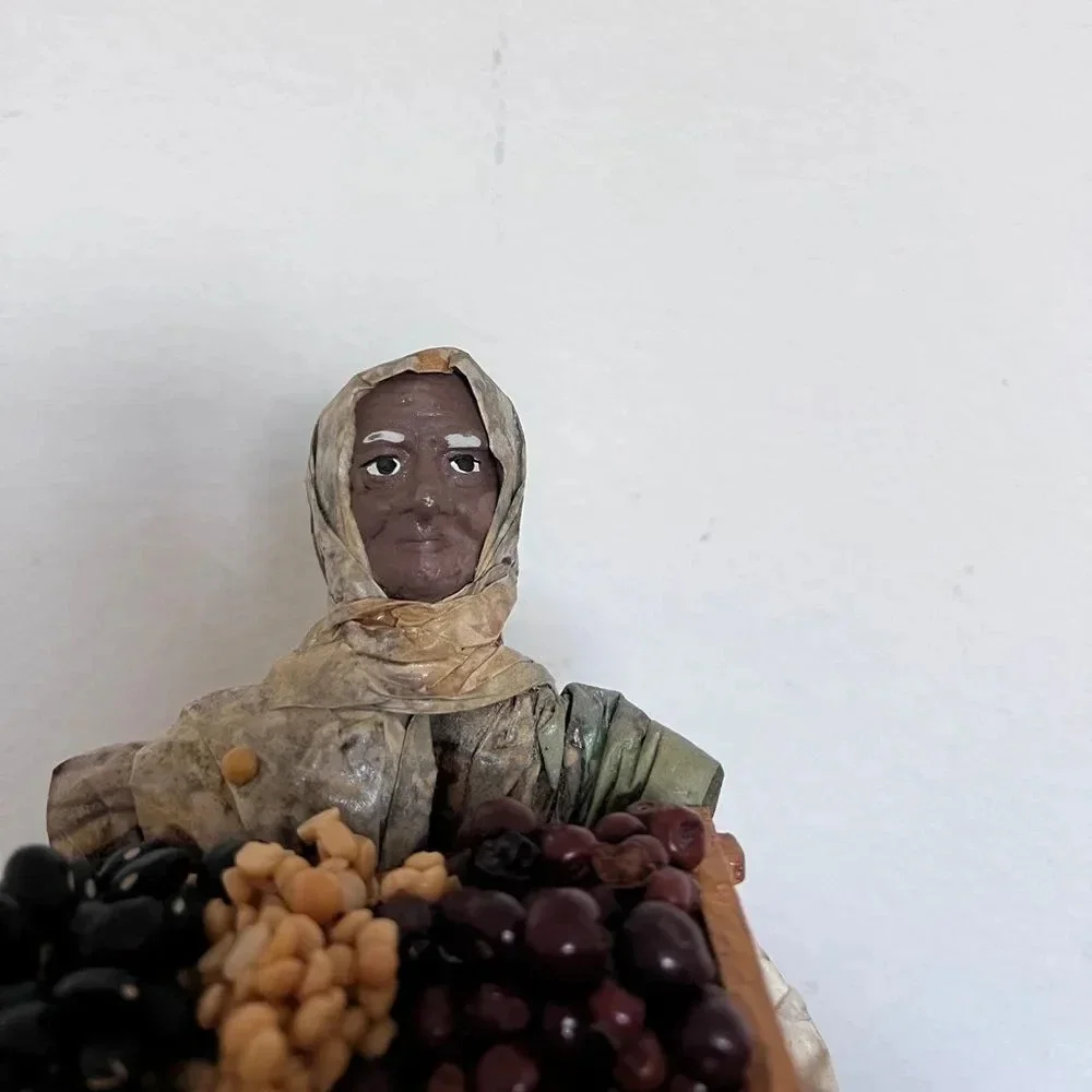 Paper Mache Old Woman Carrying‎ Beans in a Basket Crate Folk Art Figure size 12”